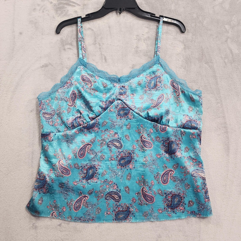 Vintage Envision Avenue Top Womens 1X Blue Paisley Satin Camisole Tank Lace Y2K